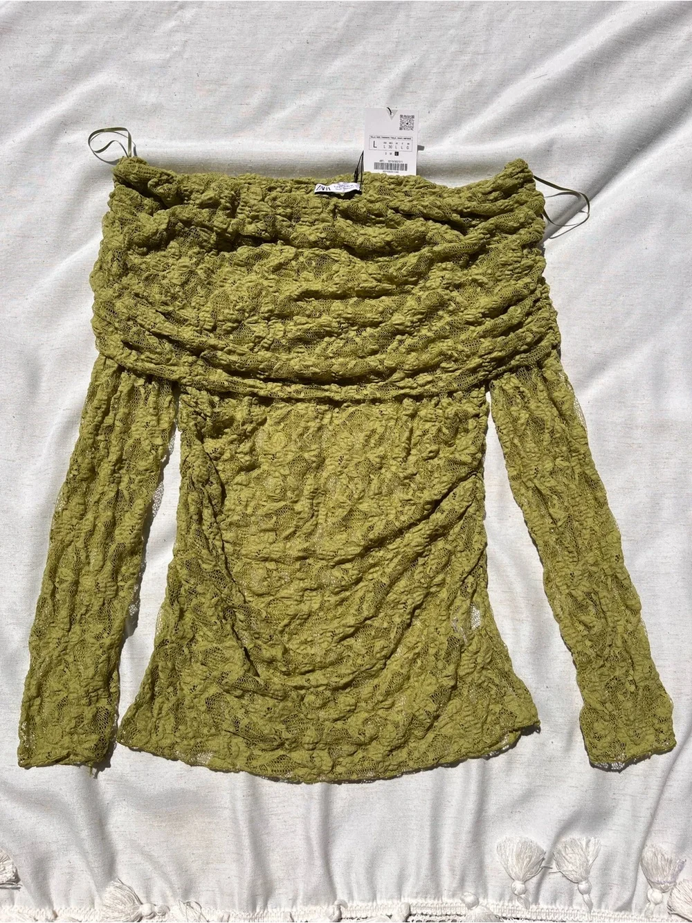 Zara Lace Top With Open Shoulders Translucent Square Neckline Pistachio Green